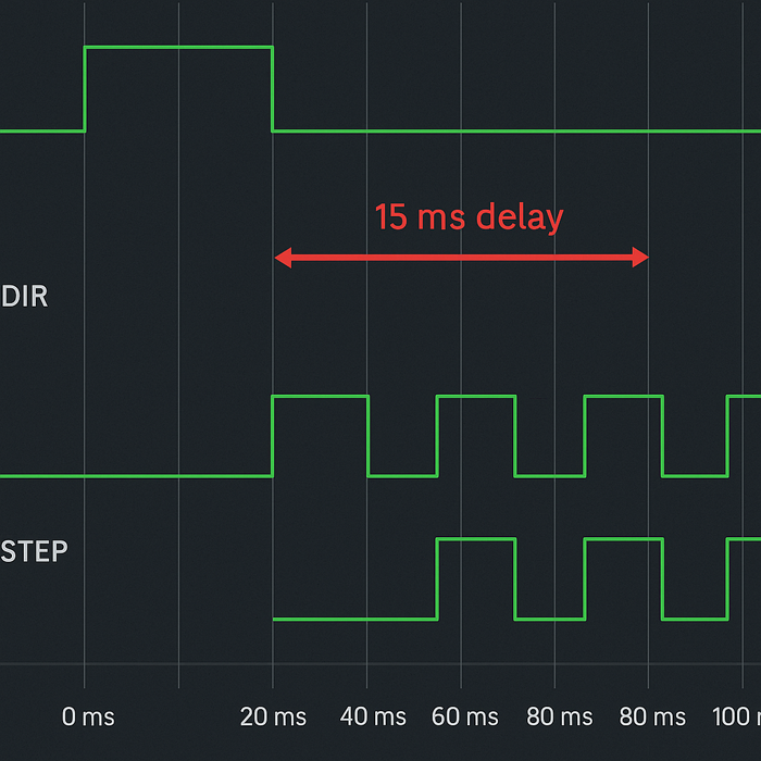 Waveform timing for DIR and STEP signals with delay before reversal