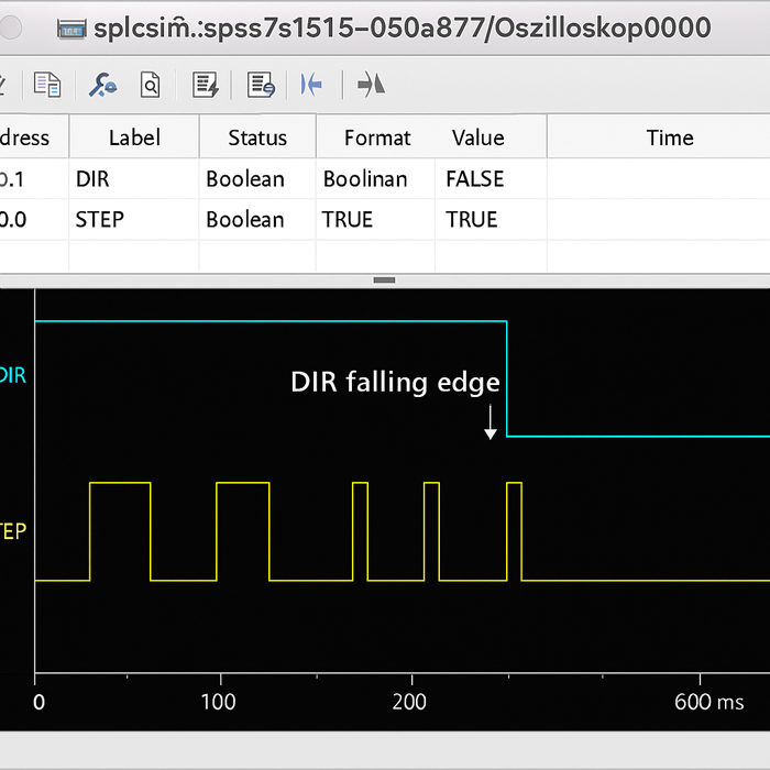 PLCSIM waveform showing DIR toggle and resulting STEP pulse change