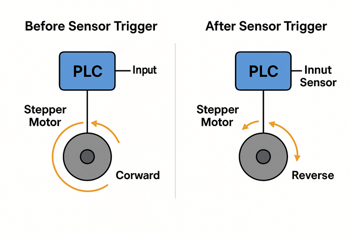 Stepper motor directional change triggered by PLC sensor input