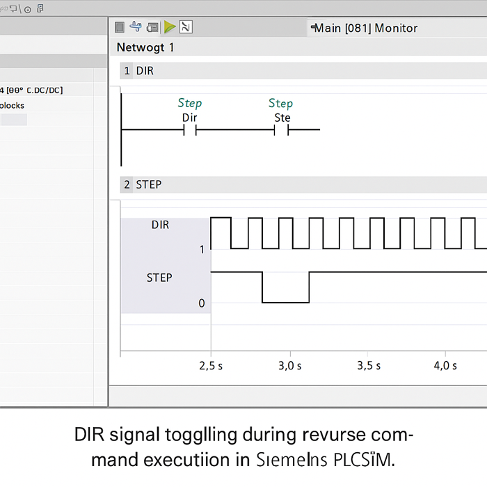 TIA Portal PLCSIM showing DIR signal toggle during reverse control
